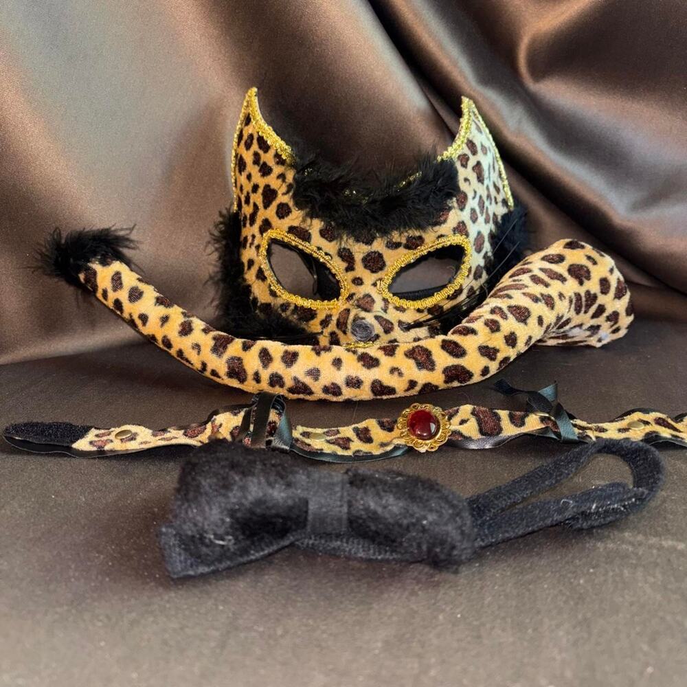 Cat costume Leopard print cat mask with tail and bow tie